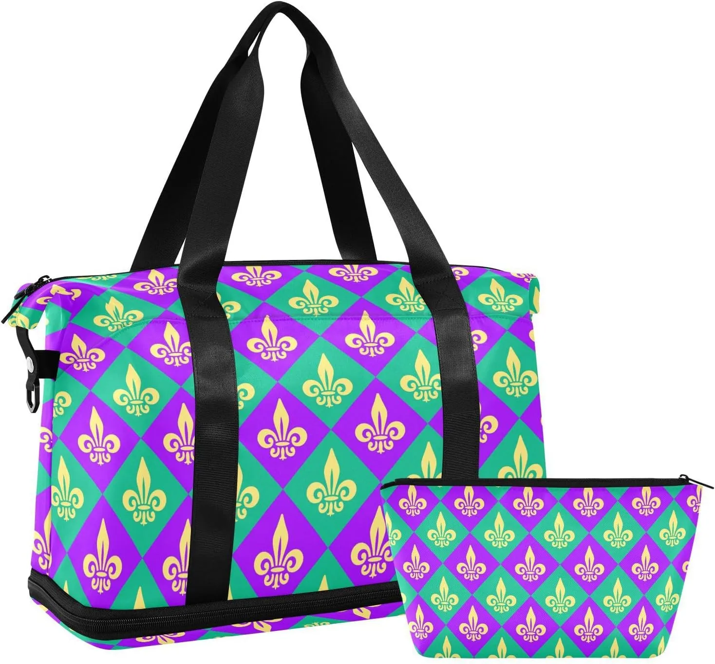 Travel Duffel Bag for Women Men Mardi Gras Carnival Weekender Overnight Bags with Shoe Compartments Lily Flower Gym Duffel Bag with Toiletry Bag for Travel Sport Yoga 17 Inch