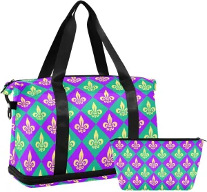 Travel Duffel Bag for Women Men Mardi Gras Carnival Weekender Overnight Bags with Shoe Compartments Lily Flower Gym Duffel Bag with Toiletry Bag for Travel Sport Yoga 17 Inch