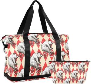 Travel Duffel Bag for Women Men Sketch Bear on A Bike Weekender Overnight Bags with Shoe Compartments Funny Gym Duffel Bag with Toiletry Bag for Travel Sport Yoga 17 Inch