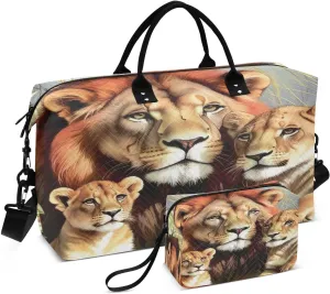 Travel Duffel Bag Large Weekender Overnight Bags for Women Men, African Wildlife Lion Family Love Gym Bag with Toiletry Bag