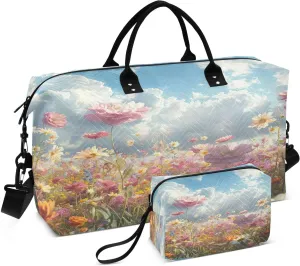 Travel Duffel Bag Large Weekender Overnight Bags for Women Men, Meadow Filled Roses Gym Bag with Toiletry Bag