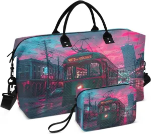 Travel Duffel Bag Large Weekender Overnight Bags for Women Men, Sunset Streetcar Pattern Gym Bag with Toiletry Bag