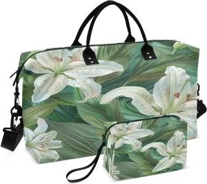Travel Duffel Bag Large Weekender Overnight Bags for Women Men, White Lilies Gym Bag with Toiletry Bag