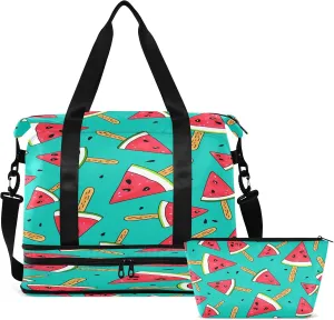 Travel Duffel Bag Watermelon Slices on A Stick Weekender Overnight Bag for Women Men With Shoe Compartments Blue Sports Tote Gym Bag with Wet Pocket for Travel Sport Yoga 17 Inch