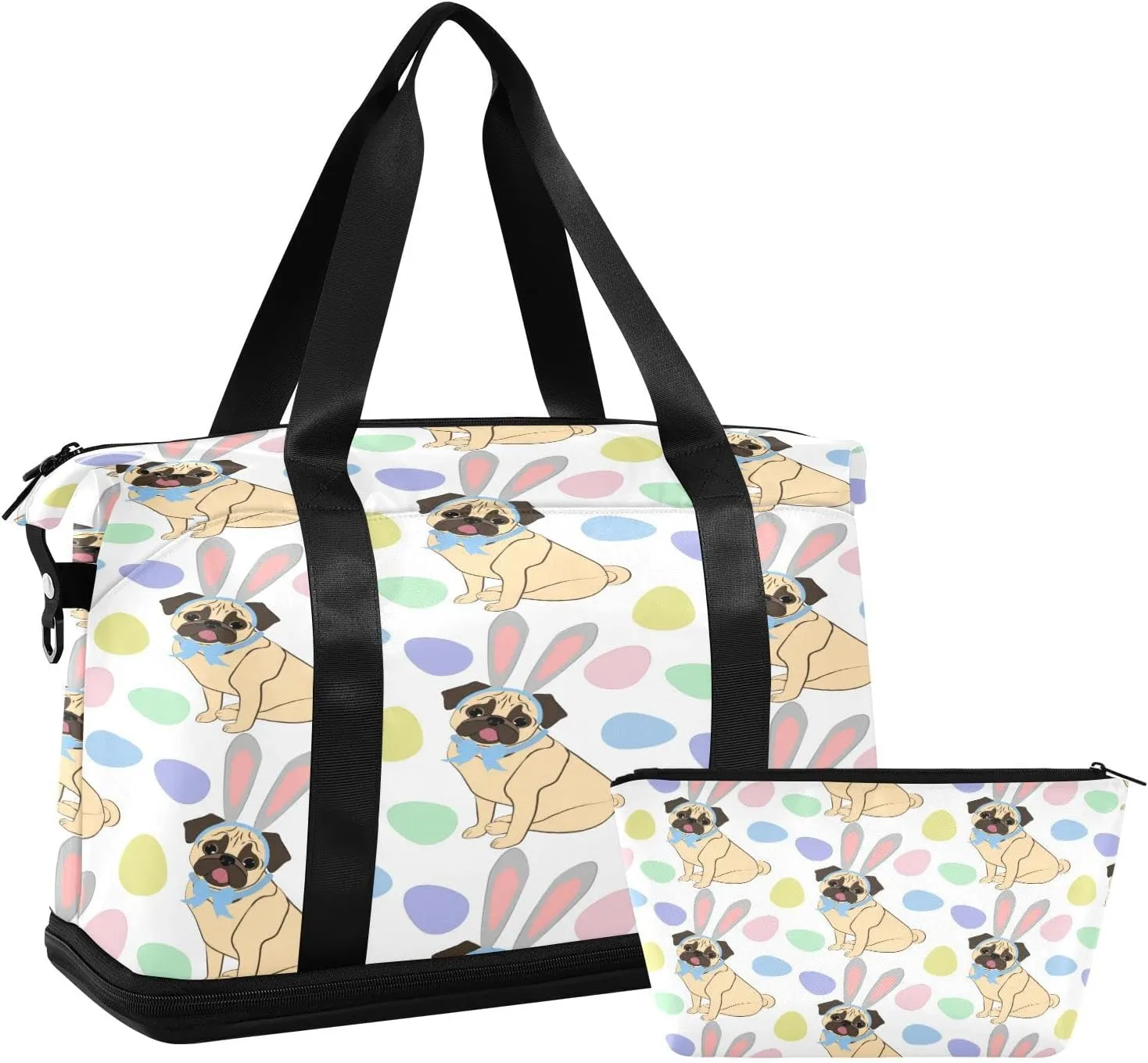 Travel Duffel Bag with Toiletry Bag, Large Sports Tote Gym Bag, Waterproof Packable Duffle Bag with Shoe Compartment, Pug Wearing Bunny Ears Weekender Overnight Bag Gym Bag for Women Men