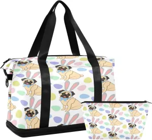 Travel Duffel Bag with Toiletry Bag, Large Sports Tote Gym Bag, Waterproof Packable Duffle Bag with Shoe Compartment, Pug Wearing Bunny Ears Weekender Overnight Bag Gym Bag for Women Men