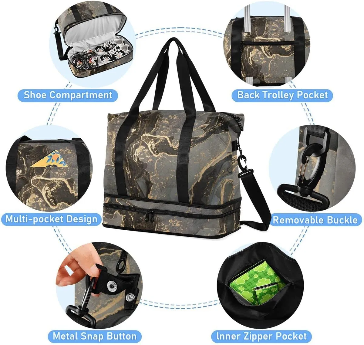 Travel Duffel Tote Luxury Grey Marble Sports Bag With Wet Pocket - Weekender Overnight for Women Men Gym, Carry On, Hospital for Labor and Delivery