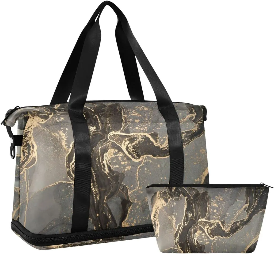 Travel Duffel Tote Luxury Grey Marble Sports Bag With Wet Pocket - Weekender Overnight for Women Men Gym, Carry On, Hospital for Labor and Delivery