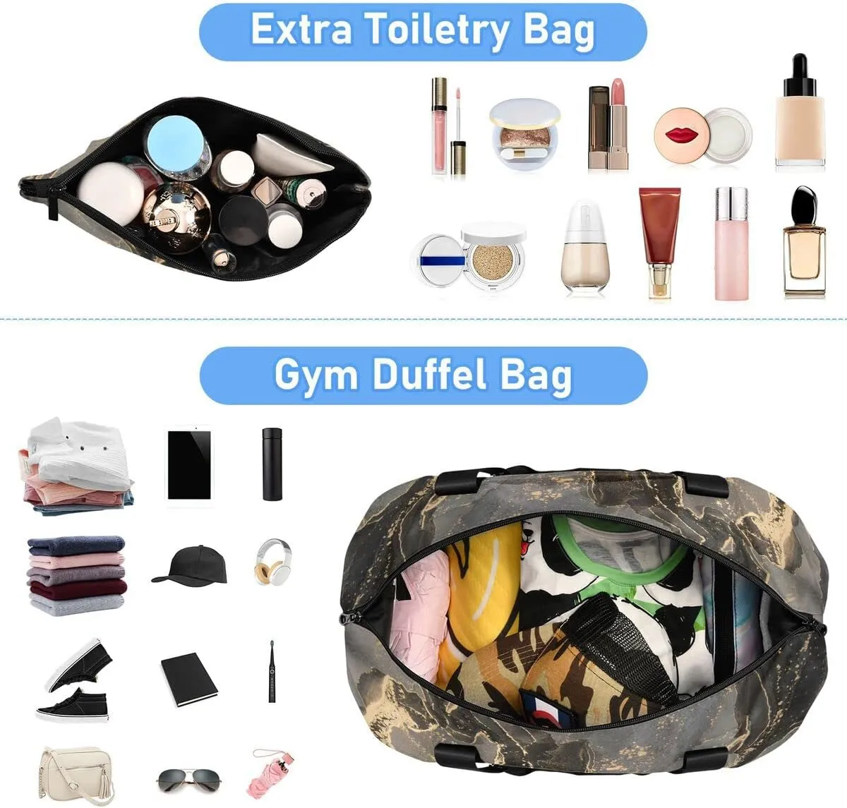 Travel Duffel Tote Luxury Grey Marble Sports Bag With Wet Pocket - Weekender Overnight for Women Men Gym, Carry On, Hospital for Labor and Delivery
