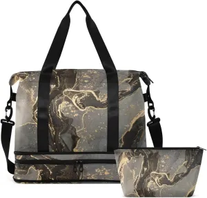 Travel Duffel Tote Luxury Grey Marble Sports Bag With Wet Pocket - Weekender Overnight for Women Men Gym, Carry On, Hospital for Labor and Delivery