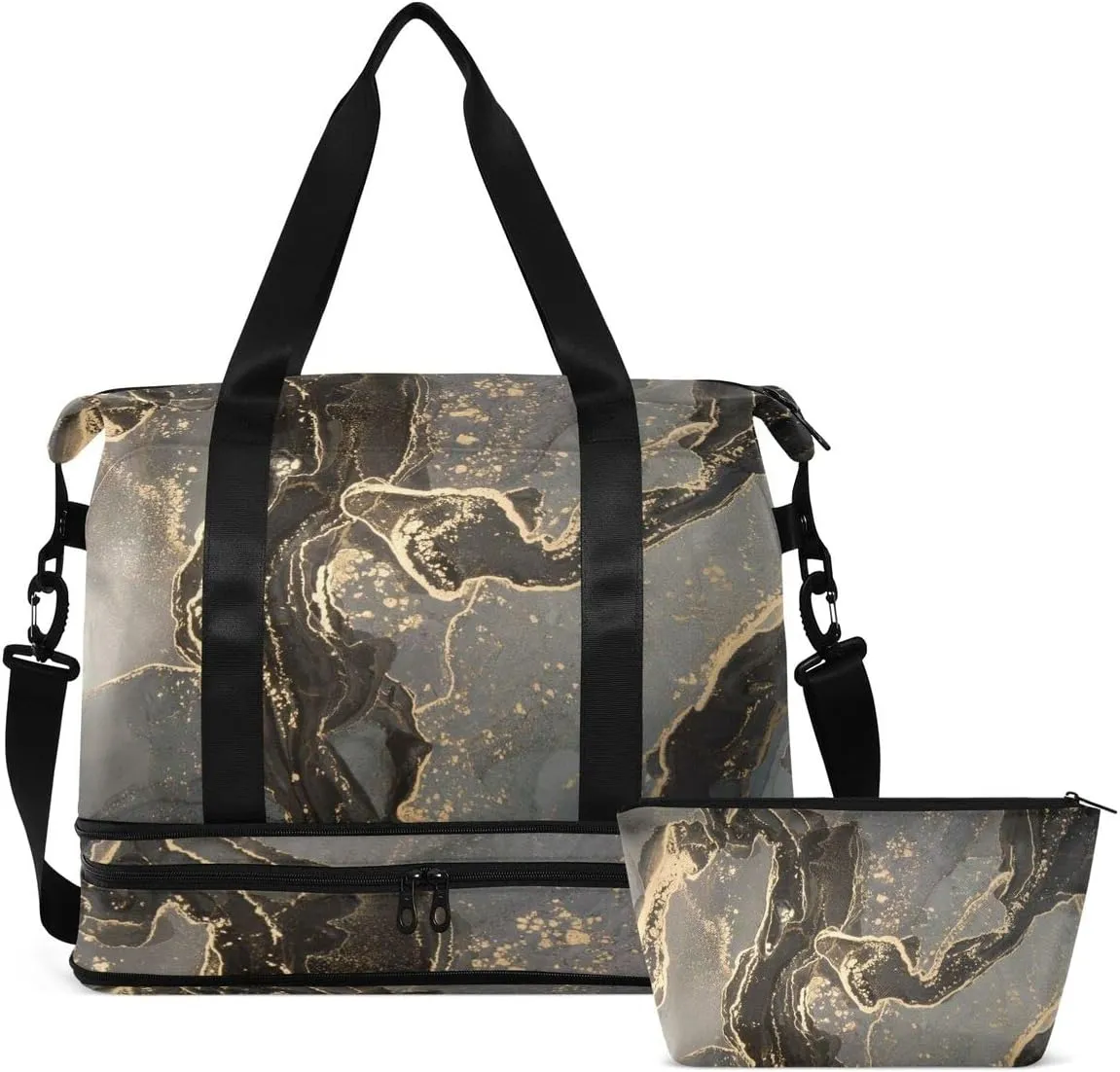Travel Duffel Tote Luxury Grey Marble Sports Bag With Wet Pocket - Weekender Overnight for Women Men Gym, Carry On, Hospital for Labor and Delivery