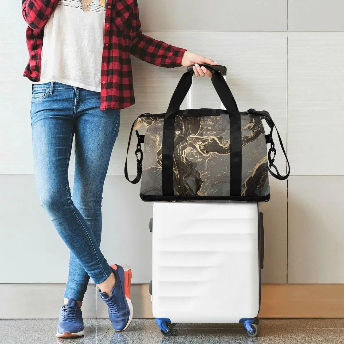 Travel Duffel Tote Luxury Grey Marble Sports Bag With Wet Pocket - Weekender Overnight for Women Men Gym, Carry On, Hospital for Labor and Delivery