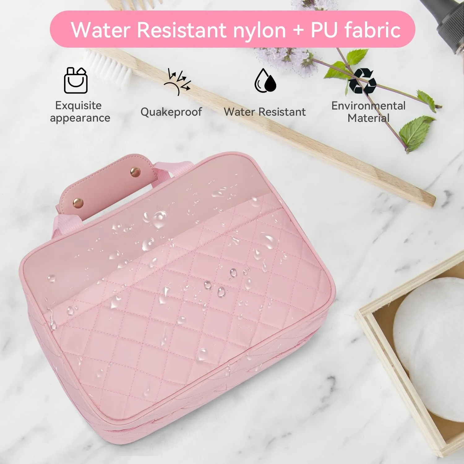 Travel essential, Travel Toiletry Bag, Make-up Bag, Stainless Steel Hook, Water Resistant, Debossed Logo - Pearly Pink, Coral Red, Anemone Green, Urchin Black, Stingray Blue (Pearly Pink)