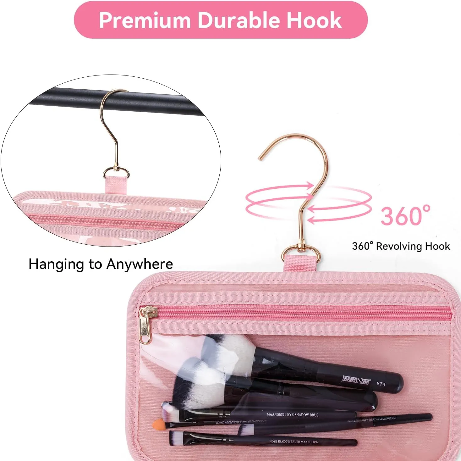 Travel essential, Travel Toiletry Bag, Make-up Bag, Stainless Steel Hook, Water Resistant, Debossed Logo - Pearly Pink, Coral Red, Anemone Green, Urchin Black, Stingray Blue (Pearly Pink)