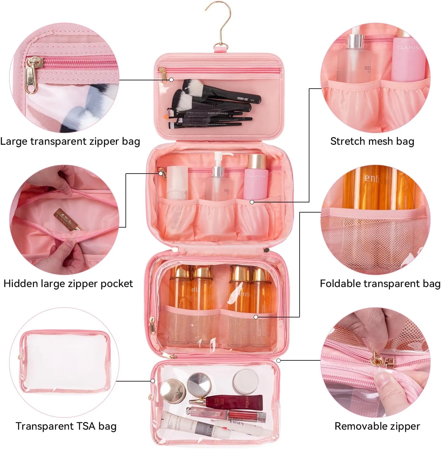 Travel essential, Travel Toiletry Bag, Make-up Bag, Stainless Steel Hook, Water Resistant, Debossed Logo - Pearly Pink, Coral Red, Anemone Green, Urchin Black, Stingray Blue (Pearly Pink)