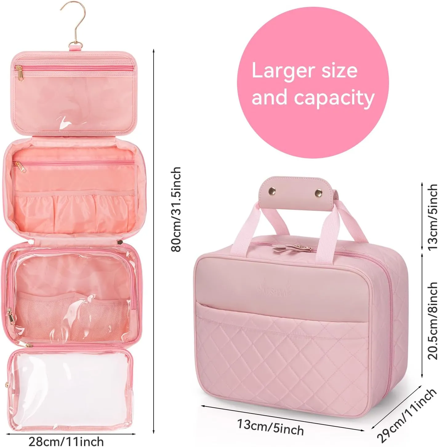 Travel essential, Travel Toiletry Bag, Make-up Bag, Stainless Steel Hook, Water Resistant, Debossed Logo - Pearly Pink, Coral Red, Anemone Green, Urchin Black, Stingray Blue (Pearly Pink)