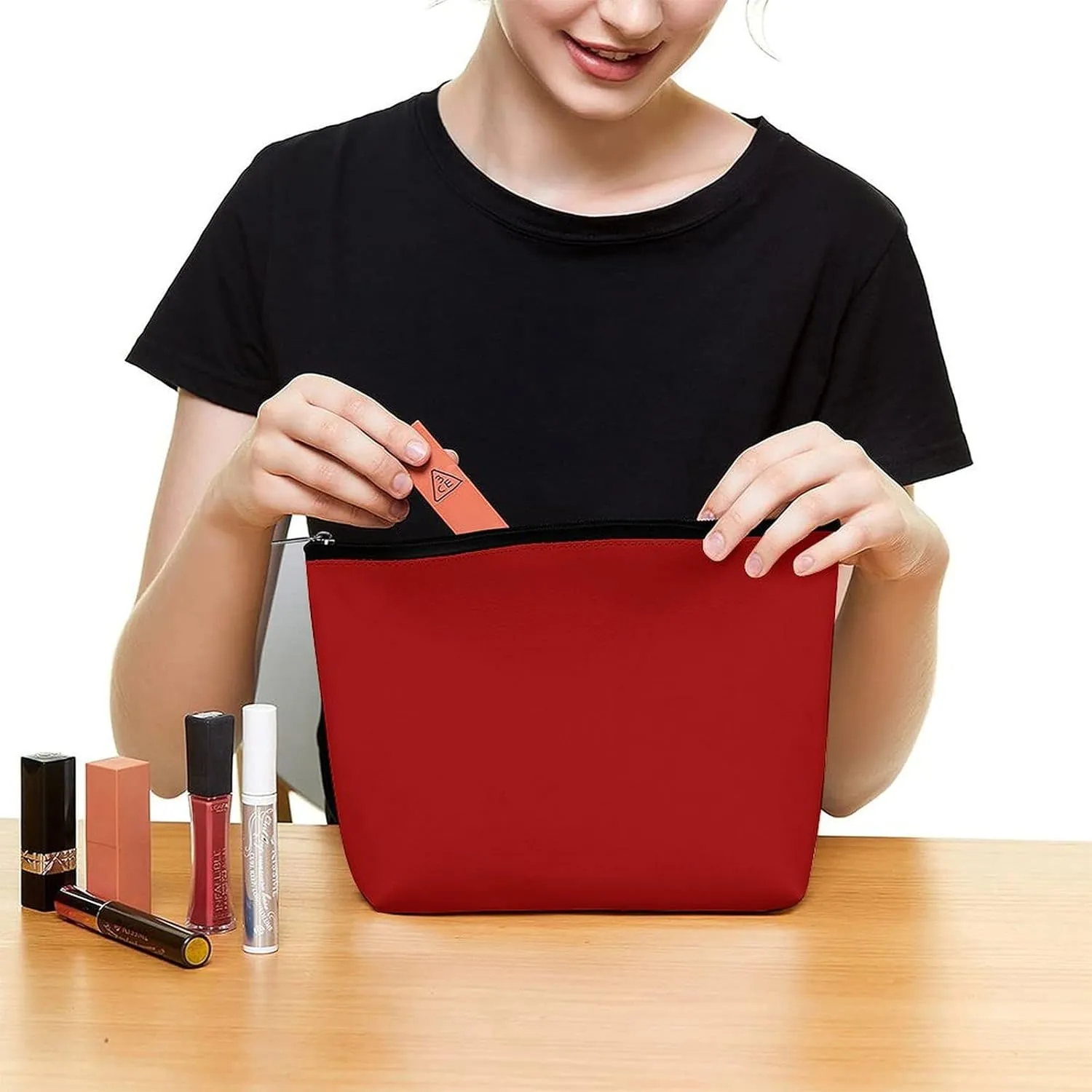 Travel Makeup Bag, Dark Candy Red Solid Color Cosmetic Bags for Women Large Capacity Waterproof Toiletry Pouch Make up Organizer