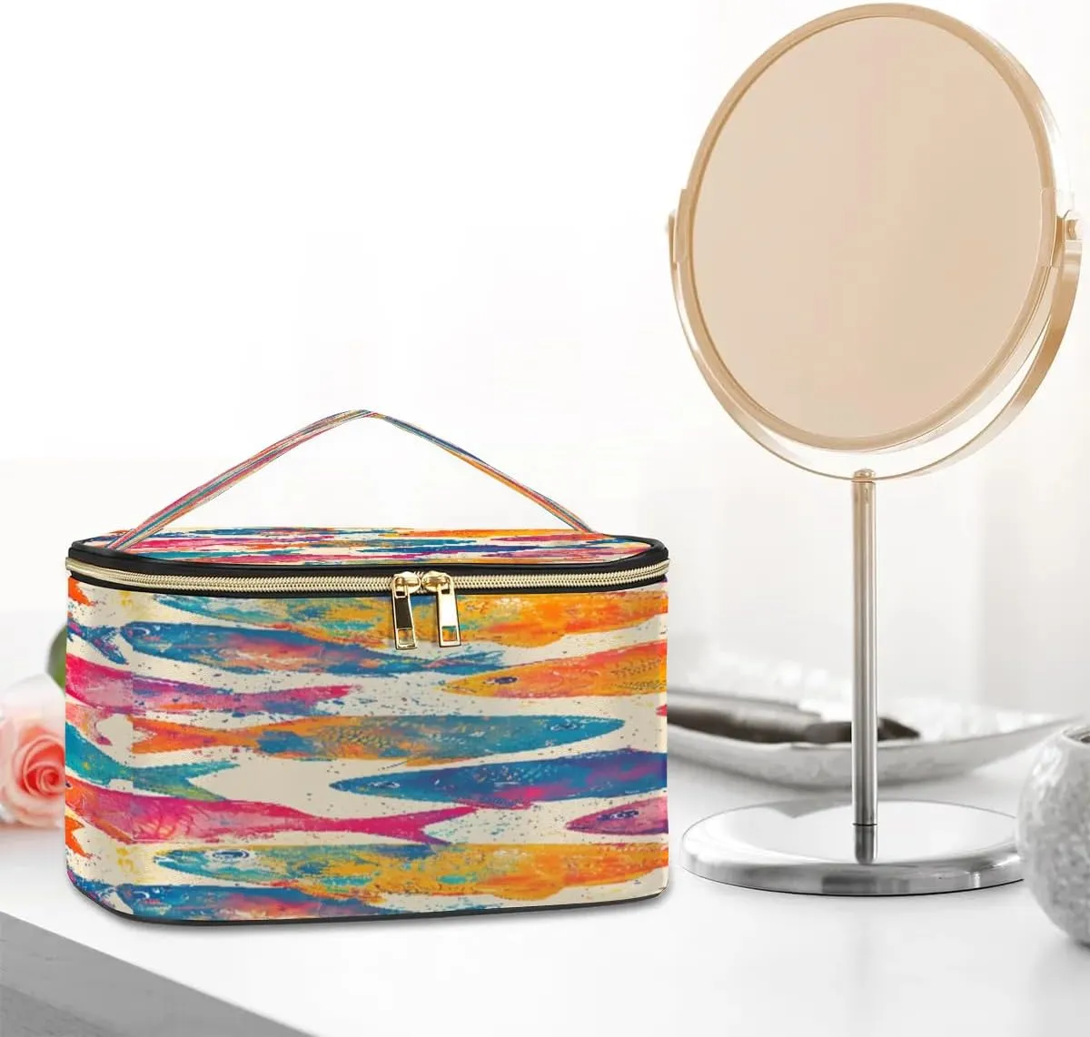 Travel Makeup Bag Fishes Print PU Large Capacity Cosmetic Bag for Women Portable Cosmetic Bag with Handle for Girls Wedding Makeup Brushes