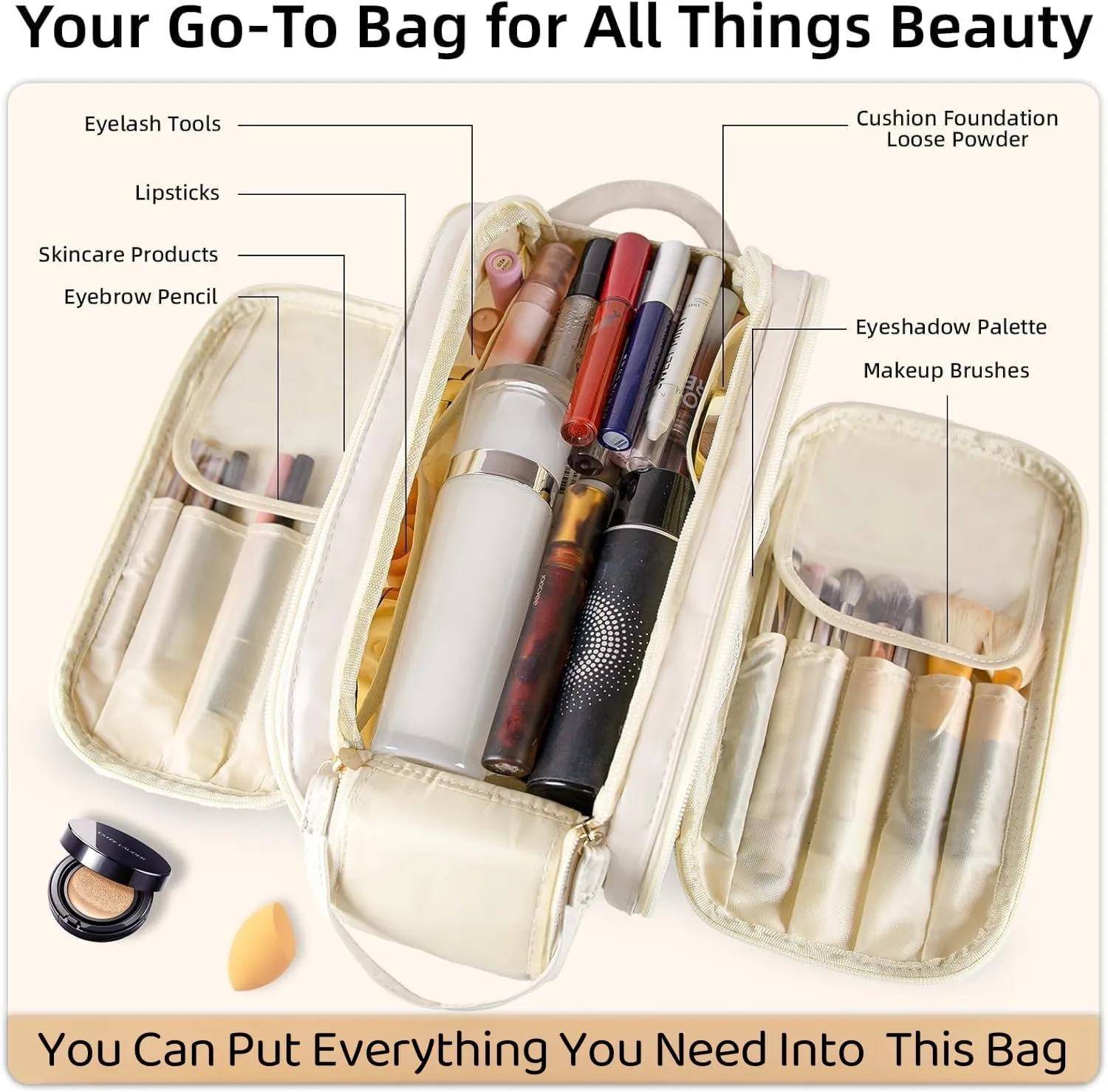 Travel Makeup Bag for Women,Waterproof Cosmetic Organizer with Brush Holder, Toiletry Bag for Makeup Brushes & Travel Essentials, Free-Standing Vertical Storage Bag with Wide Opening (Off White)