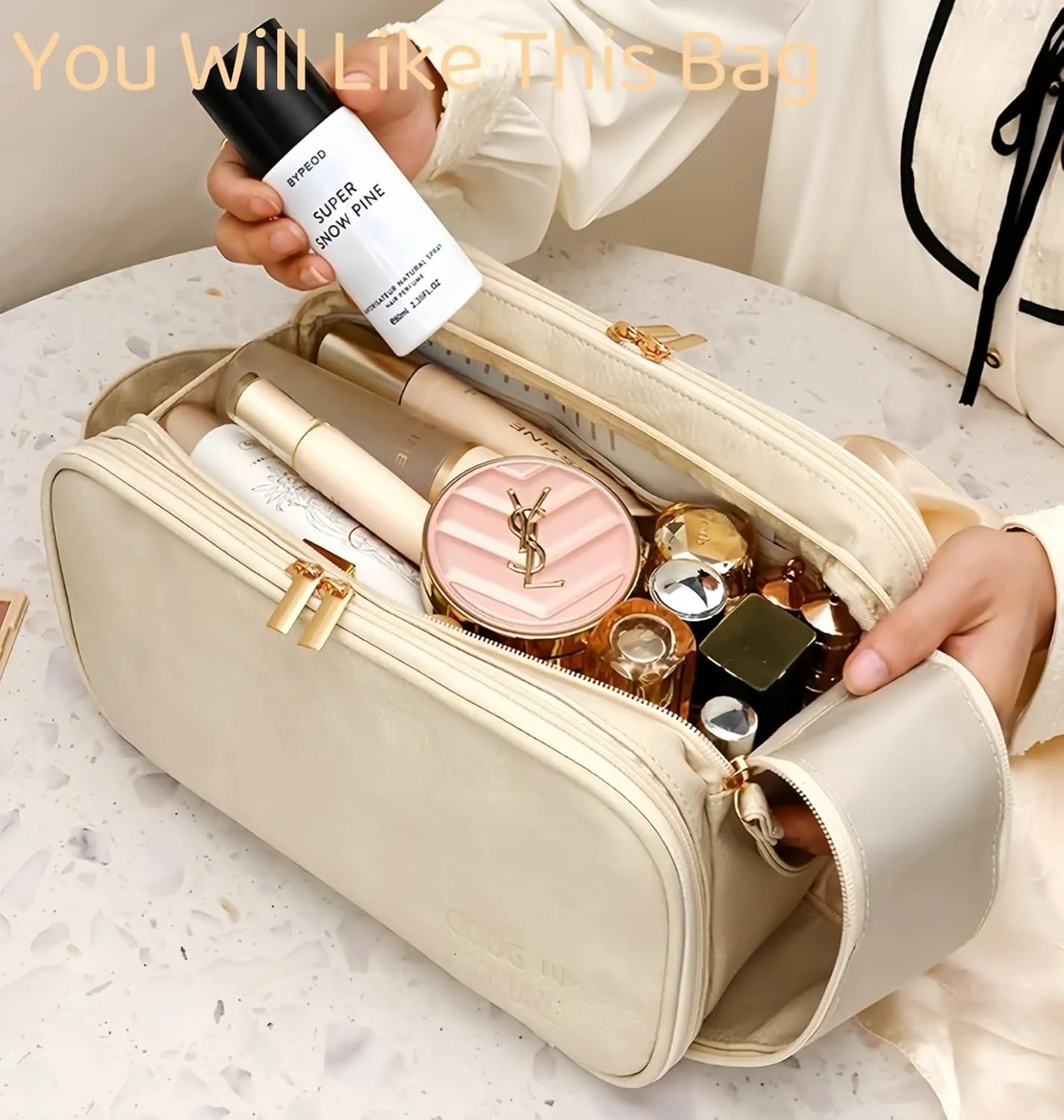 Travel Makeup Bag for Women,Waterproof Cosmetic Organizer with Brush Holder, Toiletry Bag for Makeup Brushes & Travel Essentials, Free-Standing Vertical Storage Bag with Wide Opening (Off White)