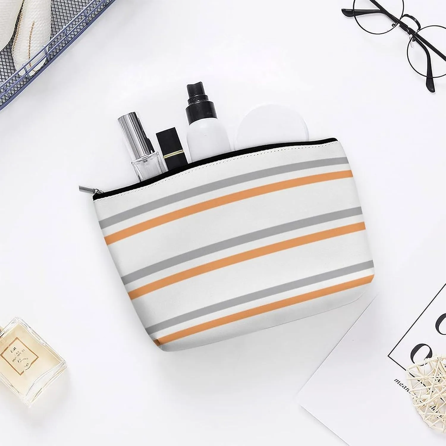 Travel Makeup Bag, Gray, Orange, White Modern Lines Trend Cosmetic Bags for Women Large Capacity Waterproof Toiletry Pouch Make up Organizer
