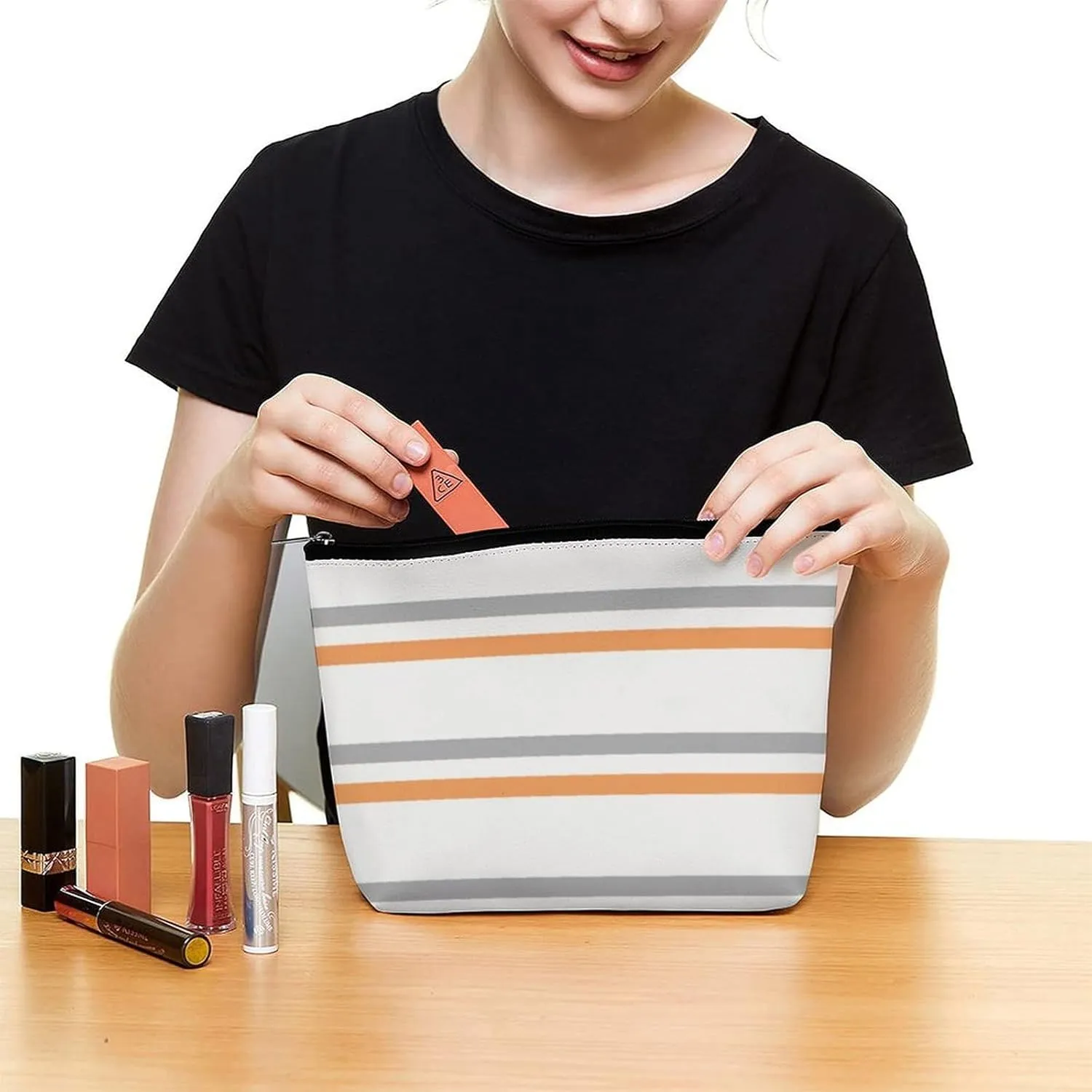 Travel Makeup Bag, Gray, Orange, White Modern Lines Trend Cosmetic Bags for Women Large Capacity Waterproof Toiletry Pouch Make up Organizer