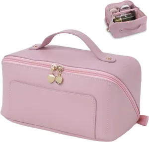 Travel Makeup Bag Large Capacity, Toiletry Bag, Portable Make up Organizer Cosmetics Bag with Handle, Travel Bag for Cosmetic, Gift for Her, Pink