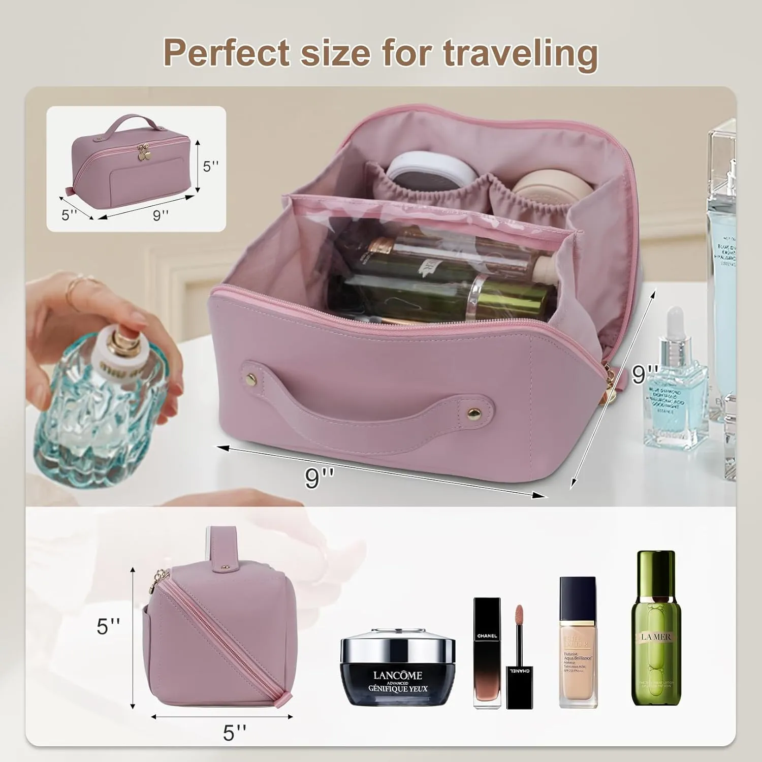 Travel Makeup Bag Large Capacity, Toiletry Bag, Portable Make up Organizer Cosmetics Bag with Handle, Travel Bag for Cosmetic, Gift for Her, Pink