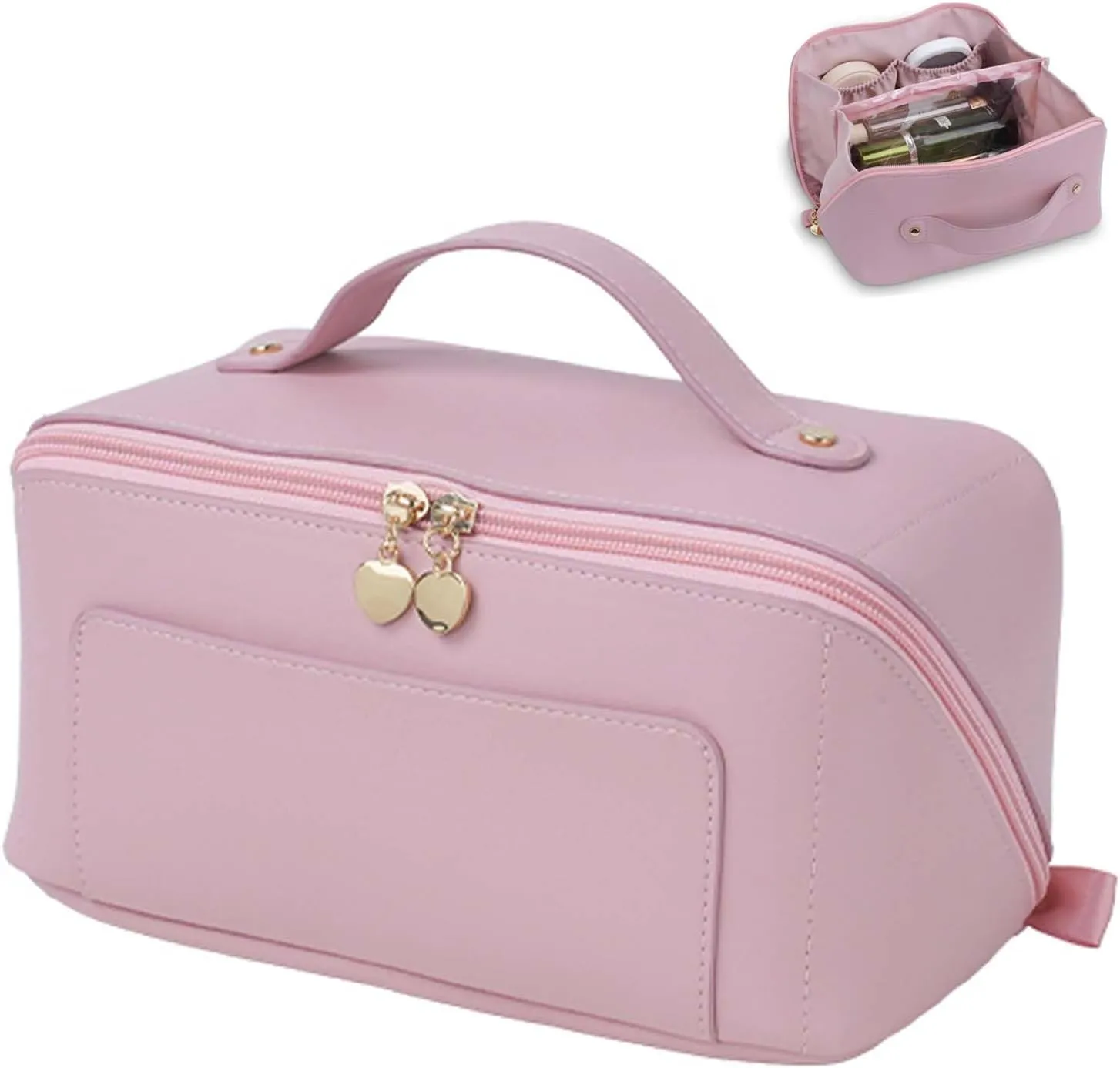 Travel Makeup Bag Large Capacity, Toiletry Bag, Portable Make up Organizer Cosmetics Bag with Handle, Travel Bag for Cosmetic, Gift for Her, Pink