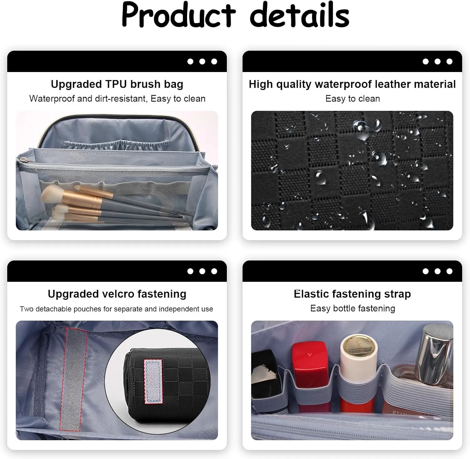 Travel Makeup Bag Organizer Cosmetic Bag: 3 Pcs Set Make up Bags for Women with Handle - Waterproof Vegan Leather Toiletry Bags with Comparments (Black)