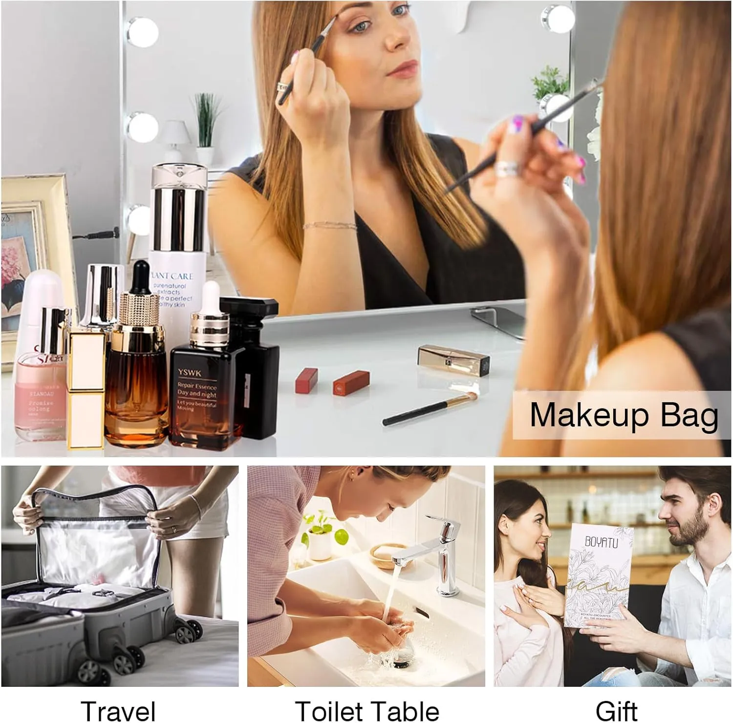 Travel Makeup Bag Organizer Cosmetic Bag: 3 Pcs Set Make up Bags for Women with Handle - Waterproof Vegan Leather Toiletry Bags with Comparments (Black)
