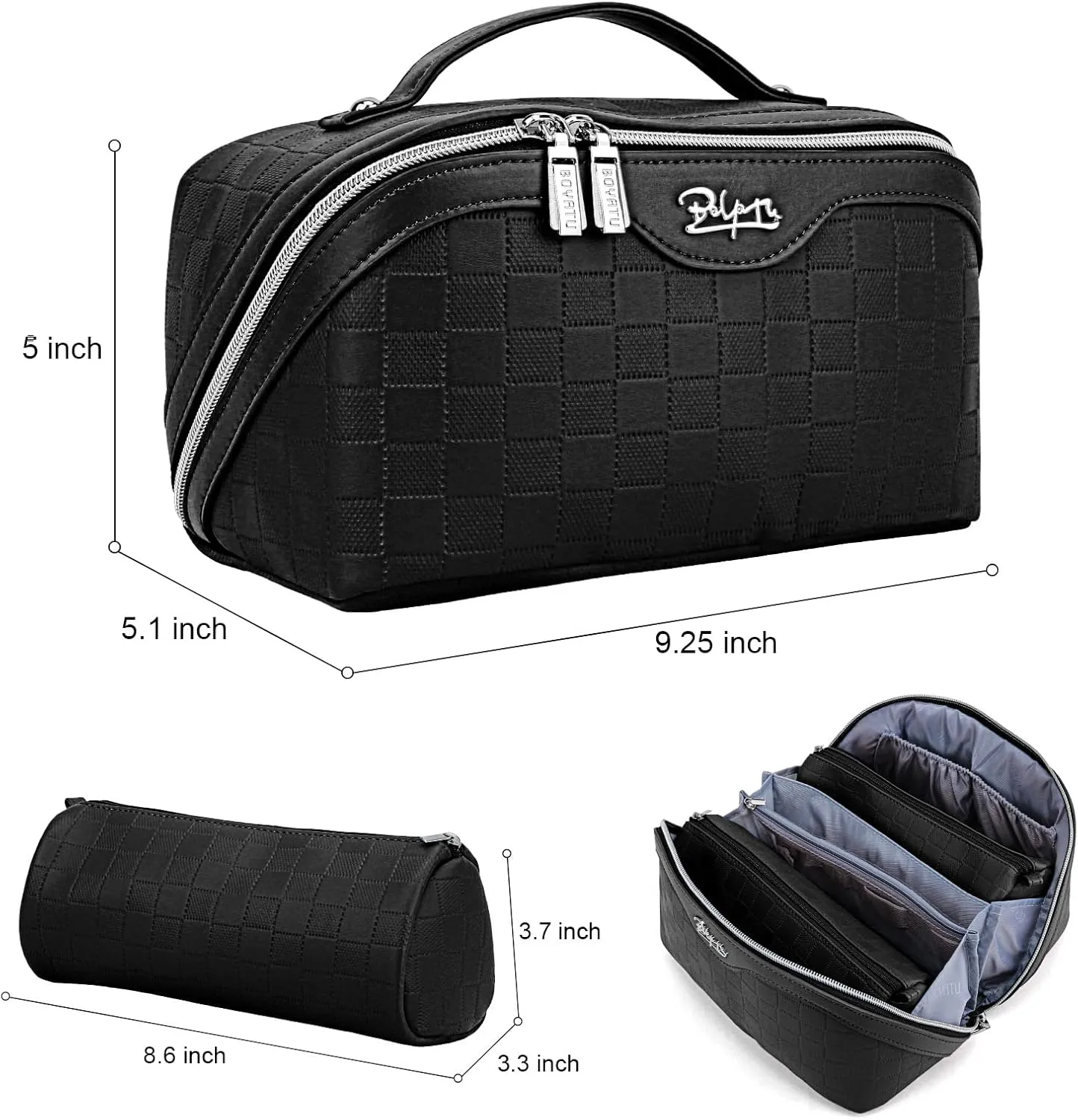 Travel Makeup Bag Organizer Cosmetic Bag: 3 Pcs Set Make up Bags for Women with Handle - Waterproof Vegan Leather Toiletry Bags with Comparments (Black)