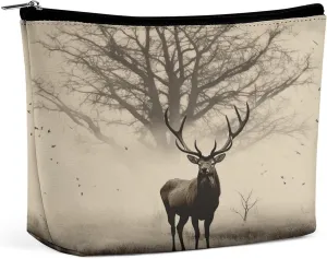 Travel Makeup Bag Portable Cosmetic Bags for Women Abstract Tree Elk Picture Make Up Bags Organizer With Zipper Waterproof Open Flat Toiletry Bag Cute Makeup Pouch for Travel Accessories