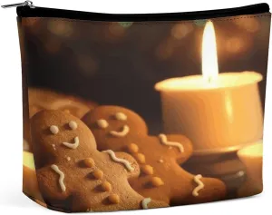 Travel Makeup Bag Portable Cosmetic Bags for Women Candles And Gingerbread Men Make Up Bags Organizer With Zipper Waterproof Open Flat Toiletry Bag Cute Makeup Pouch for Travel Accessories