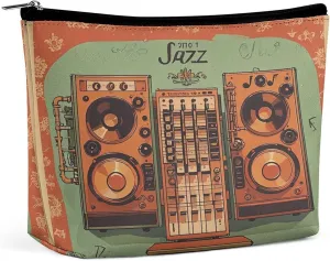 Travel Makeup Bag Portable Cosmetic Bags for Women Jazz Music Equipment with Vintage Background Make Up Bags Organizer With Zipper Waterproof Open Flat Toiletry Bag Cute Makeup Pouch for Travel Access