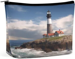 Travel Makeup Bag Portable Cosmetic Bags for Women Sea Lighthouse Make Up Bags Organizer With Zipper Waterproof Open Flat Toiletry Bag Cute Makeup Pouch for Travel Accessories