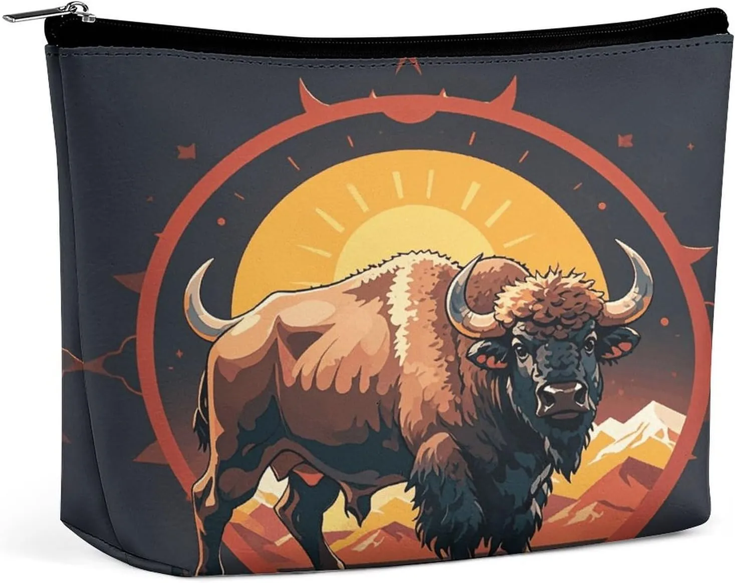 Travel Makeup Bag Portable Cosmetic Bags for Women Wild American Bison Mountains Make Up Bags Organizer With Zipper Waterproof Open Flat Toiletry Bag Cute Makeup Pouch for Travel Accessories