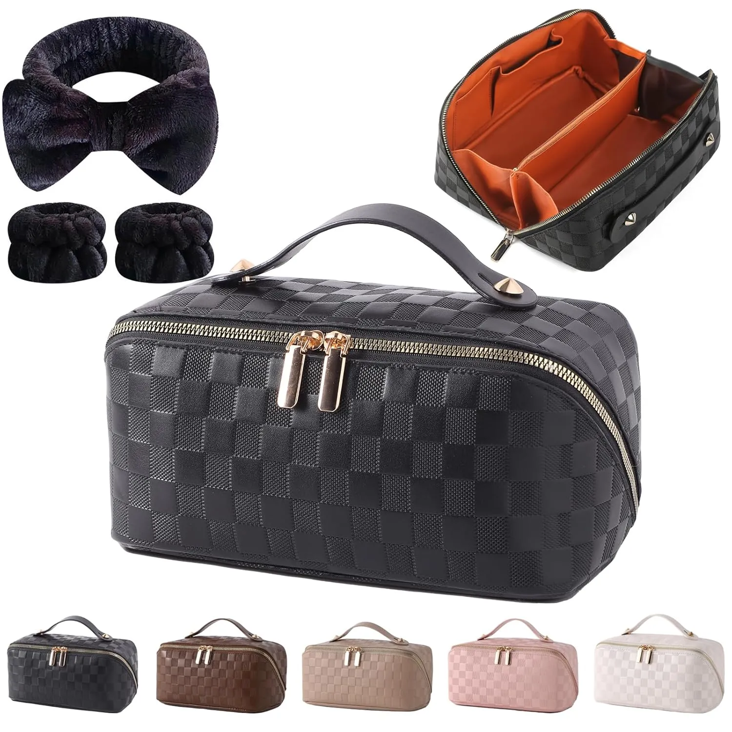 Travel Makeup Bag Travel Toiletry Bag Waterproof PU Leather Checkered Makeup Organizer Bag Woman Cosmetic Organizer Bag With Headband and Wristband Set(Black, Checkerboard pattern)