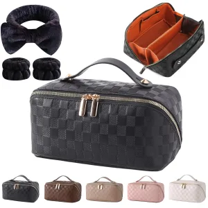 Travel Makeup Bag Travel Toiletry Bag Waterproof PU Leather Checkered Makeup Organizer Bag Woman Cosmetic Organizer Bag With Headband and Wristband Set(Black, Checkerboard pattern)