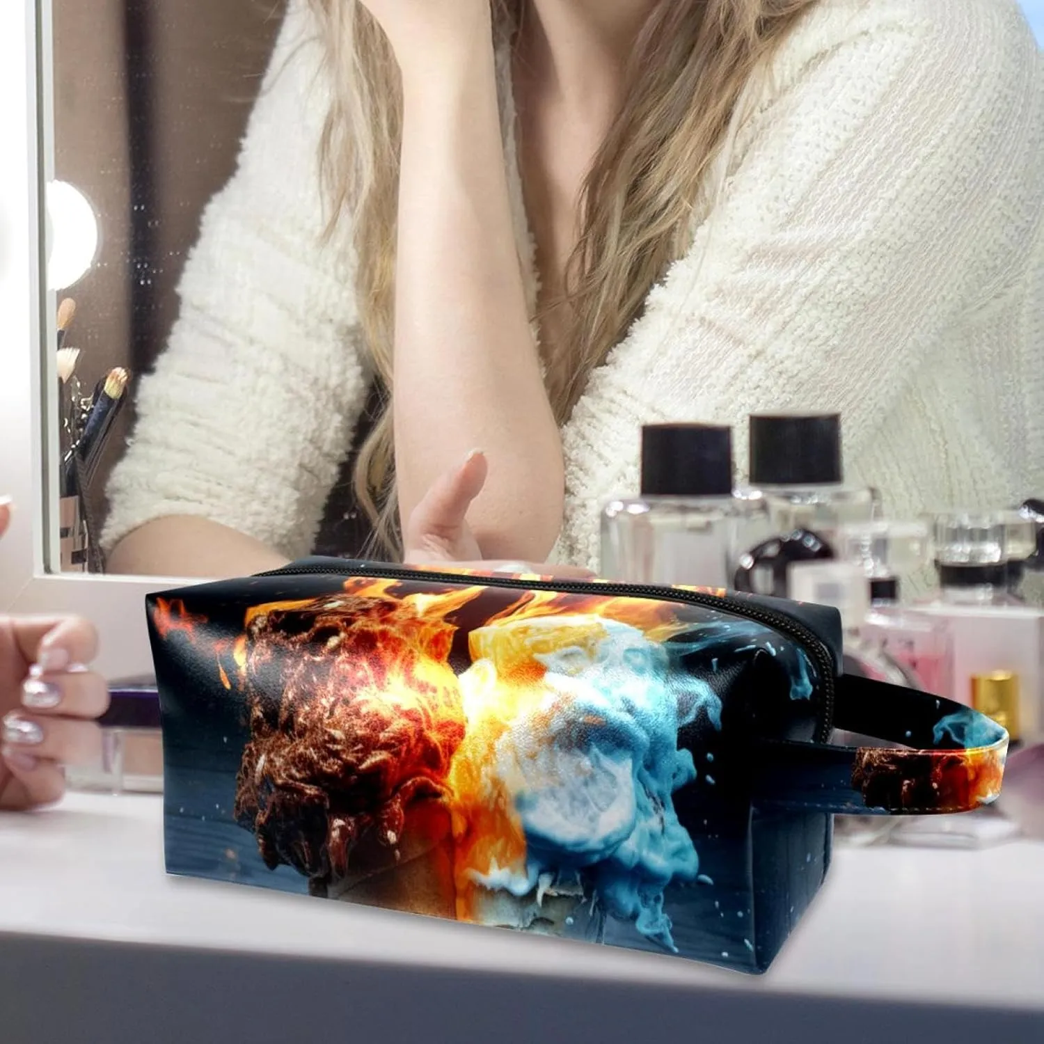 Travel Makeup Bag,Travel Toiletry Bag for Women,Vintage Fire Water Hand,Cosmetic Travel Bag