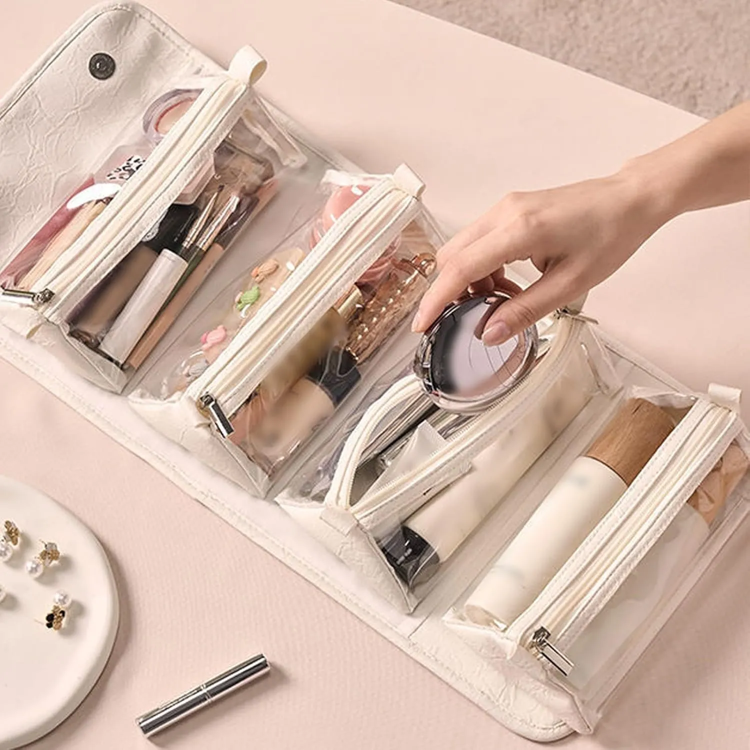 Travel Toiletry Bag 4 Detachable Clear Multi Compartment Hanging Makeup Bag Leather 4 in 1 Roll Up Large Capacity Compact Waterproof Foldable Cosmetic Bag (3pc)