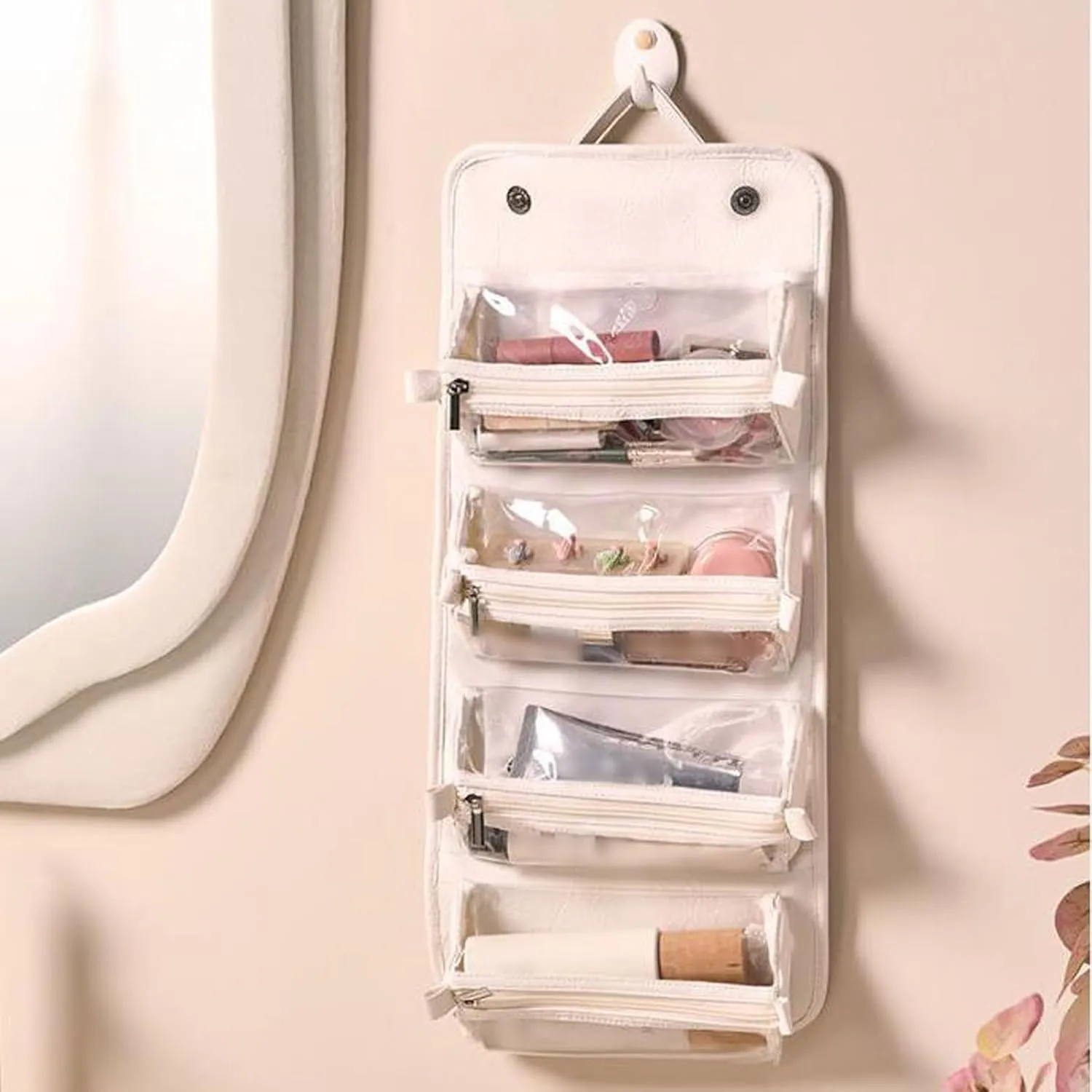 Travel Toiletry Bag 4 Detachable Clear Multi Compartment Hanging Makeup Bag Leather 4 in 1 Roll Up Large Capacity Compact Waterproof Foldable Cosmetic Bag (3pc)
