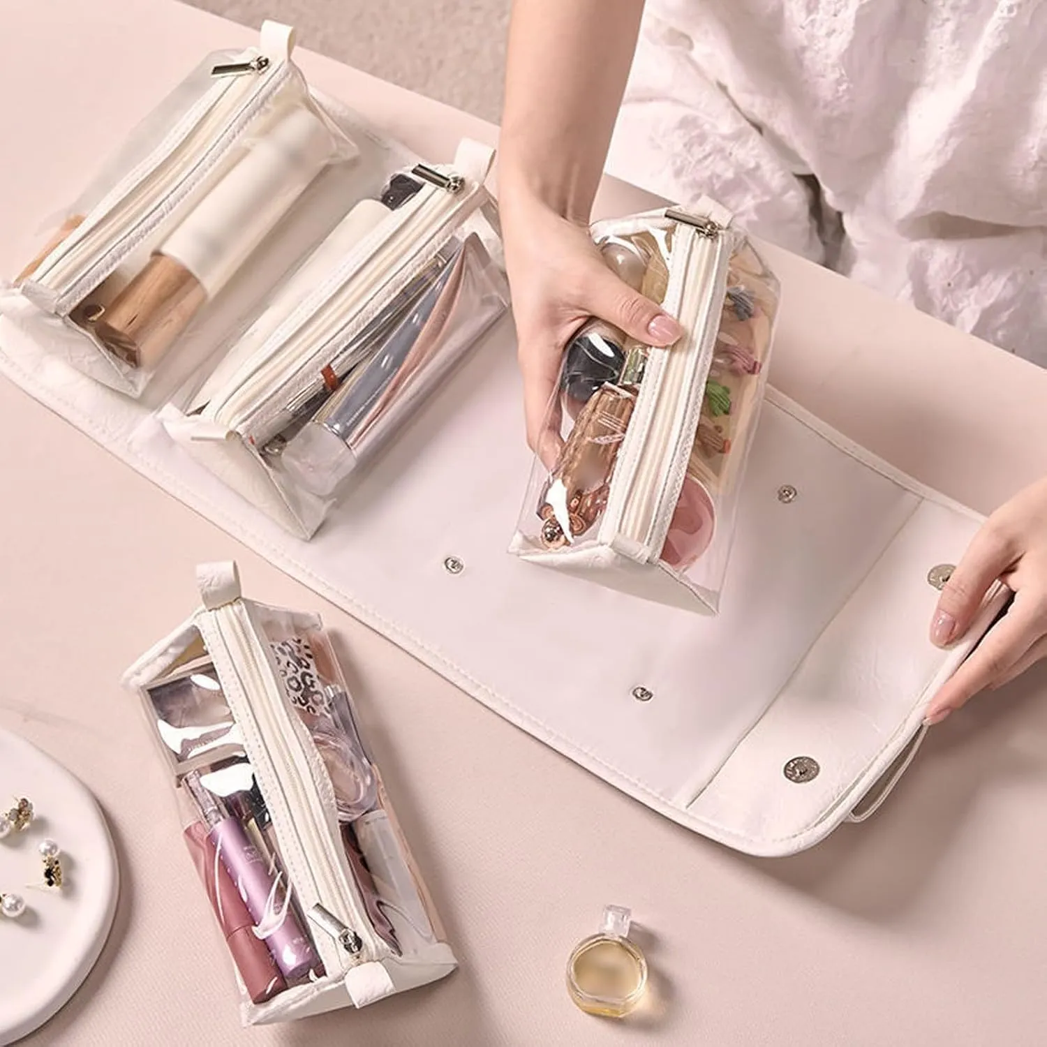 Travel Toiletry Bag 4 Detachable Clear Multi Compartment Hanging Makeup Bag Leather 4 in 1 Roll Up Large Capacity Compact Waterproof Foldable Cosmetic Bag (3pc)
