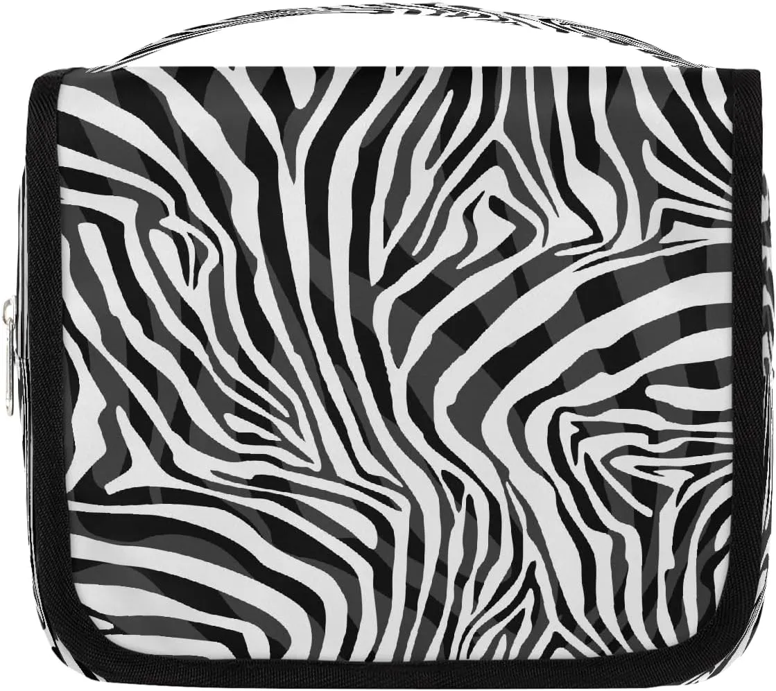 Travel Toiletry Bag for Women & Men Animal Skin Zebra Print Hanging Cosmetic Organizer Portable Waterproof Makeup Case Make Up Bag with Compartments Travel Essentials for Bathroom Shower