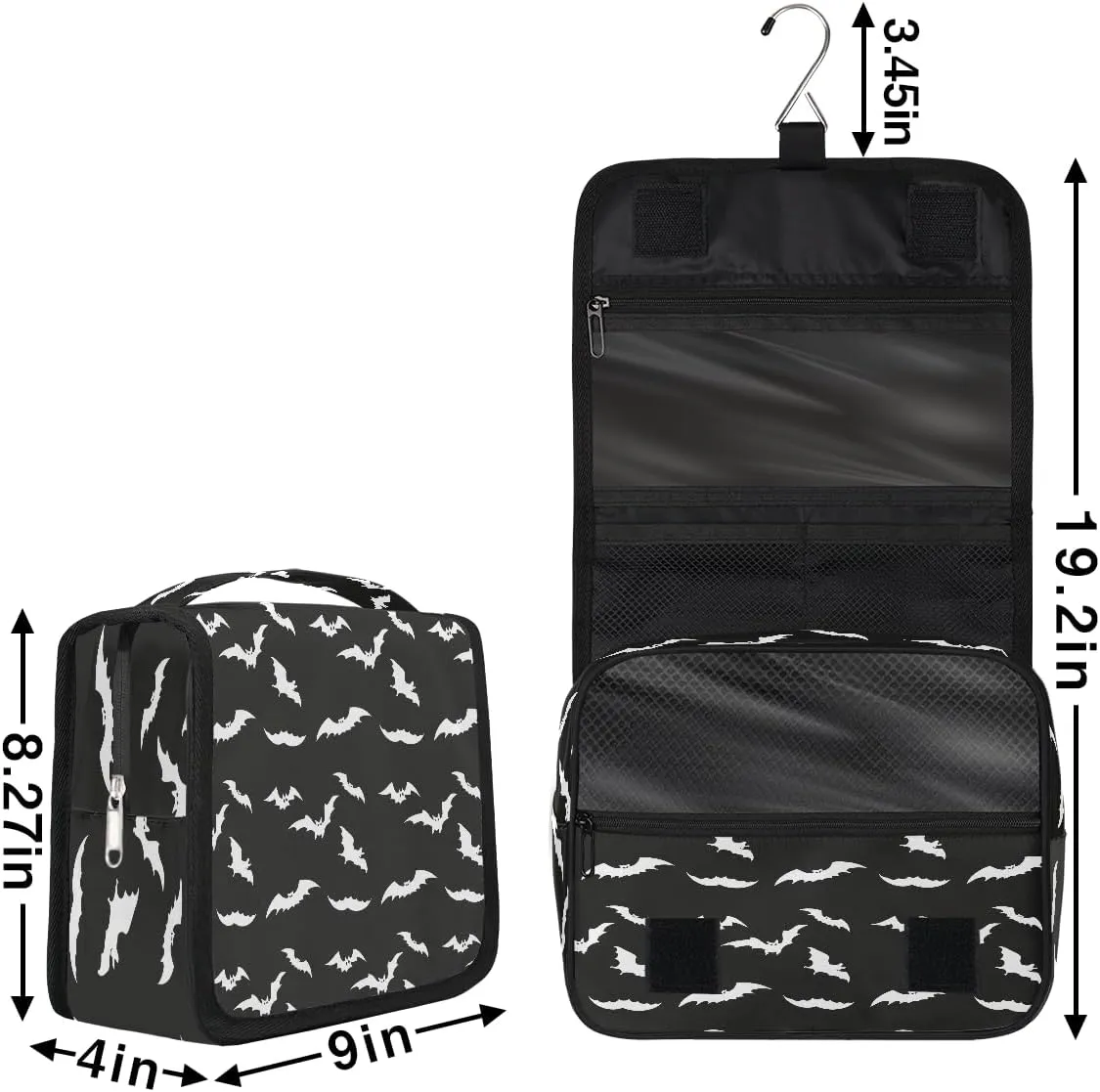 Travel Toiletry Bag for Women & Men Black Bat Modern Hanging Cosmetic Organizer Portable Waterproof Makeup Case Make Up Bag with Compartments Travel Essentials for Bathroom Shower