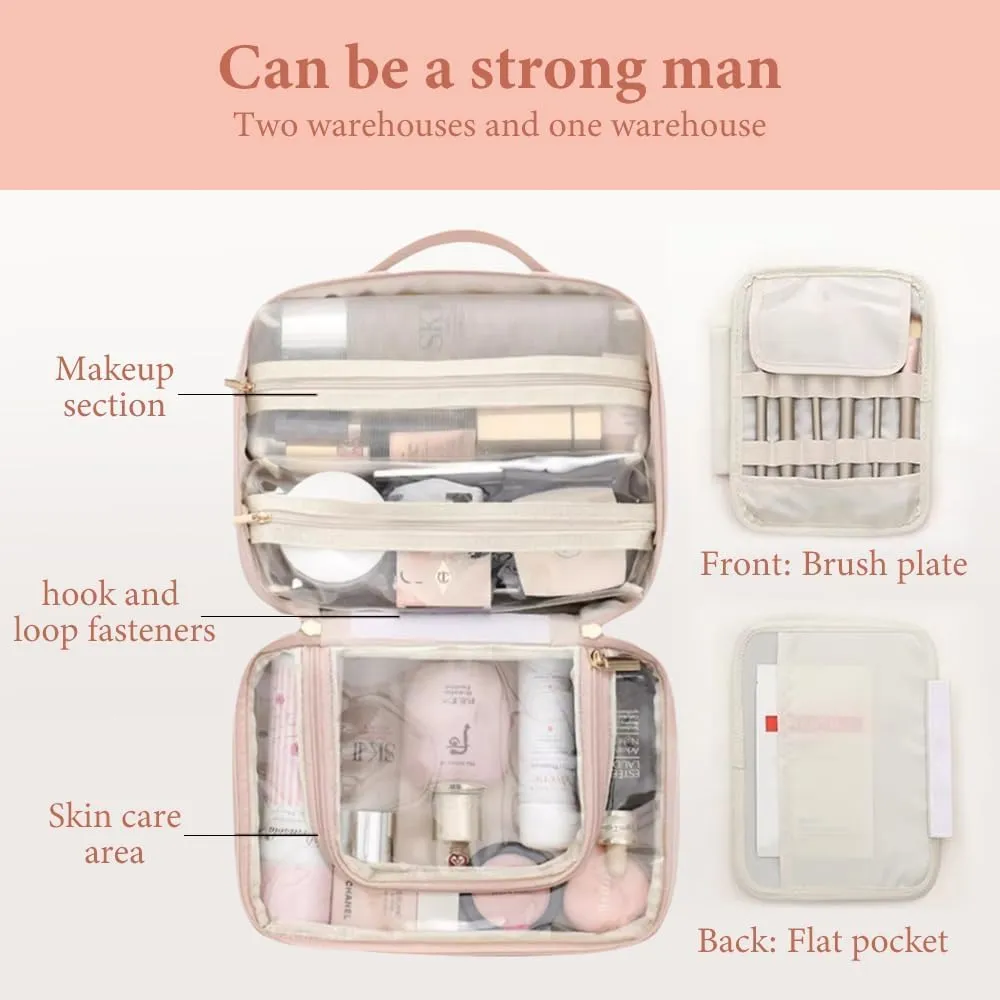 Travel Toiletry Bag for women, Large Capacity Cosmetic Bag for Travel-Sized Shampoo, Conditioner, Brushes Set, makeup Accessories, with Big Comparment (Brown)