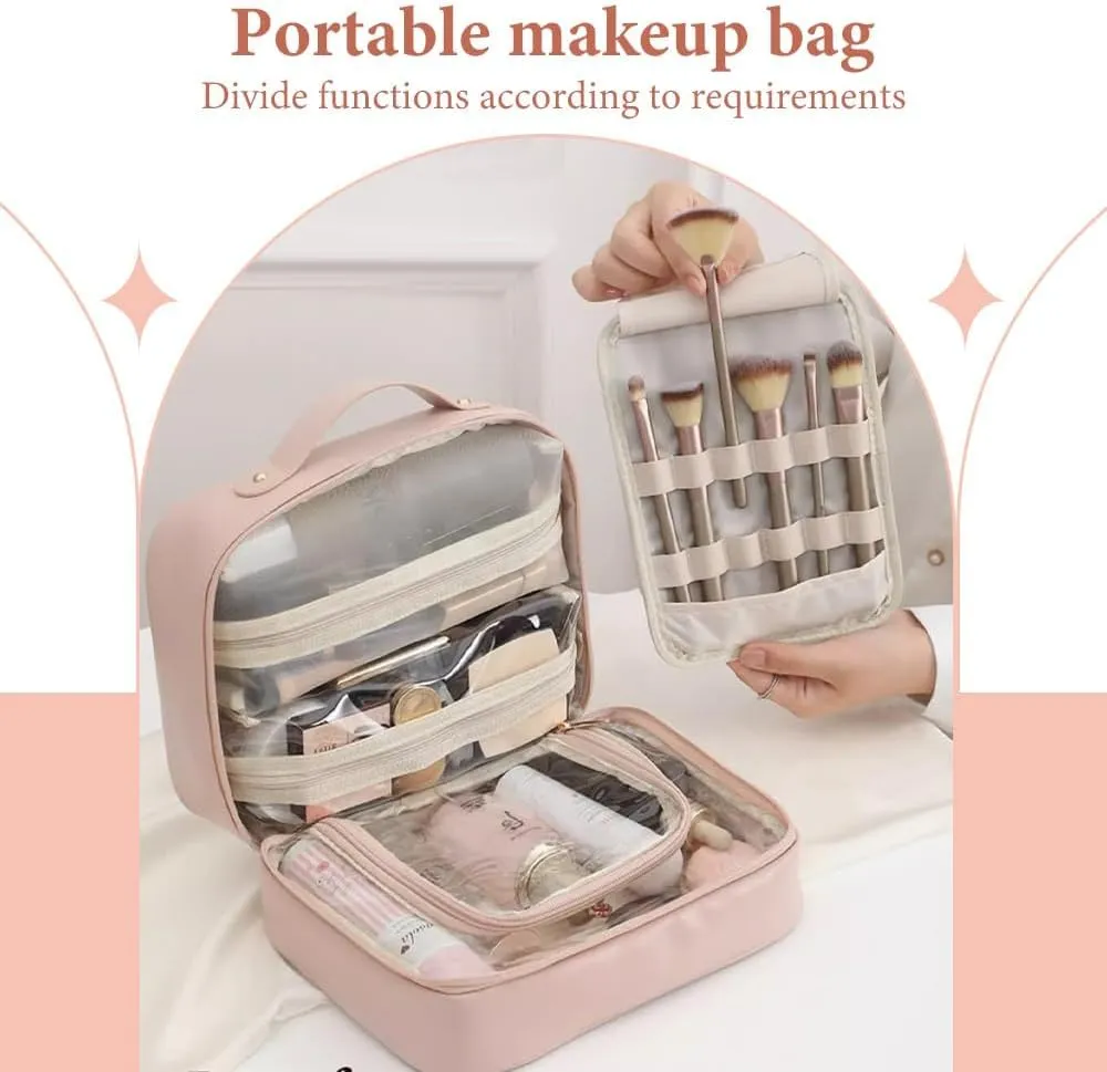 Travel Toiletry Bag for women, Large Capacity Cosmetic Bag for Travel-Sized Shampoo, Conditioner, Brushes Set, makeup Accessories, with Big Comparment (Brown)