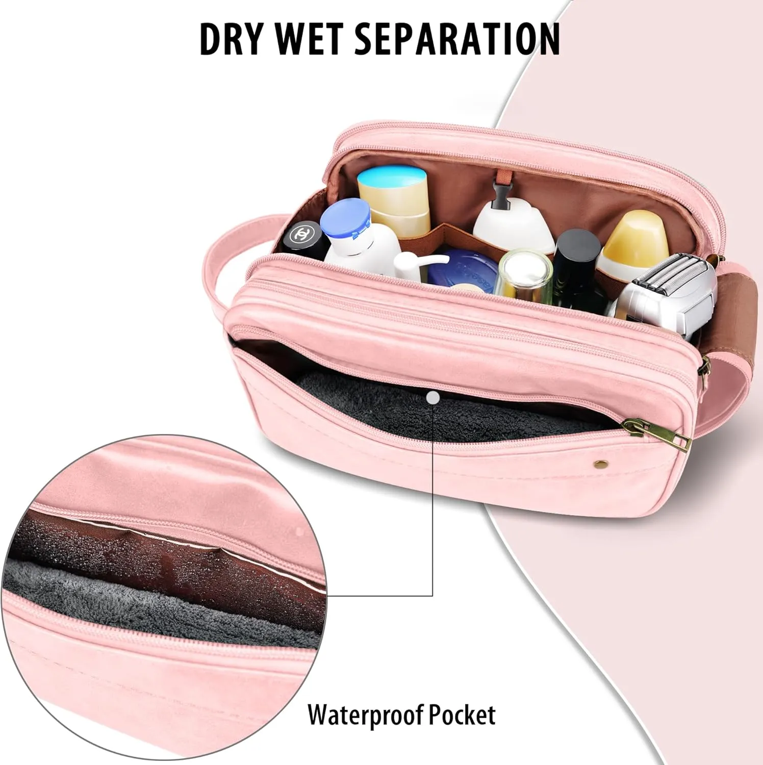 Travel Toiletry Bag for Women, Large Hanging Toiletries Organizer Bags for Men, Cruise Ship Essentials, Water-resistant Shaving Case, PU Leather Makeup Accessories, Cosmetic Dopp Kit, Pink
