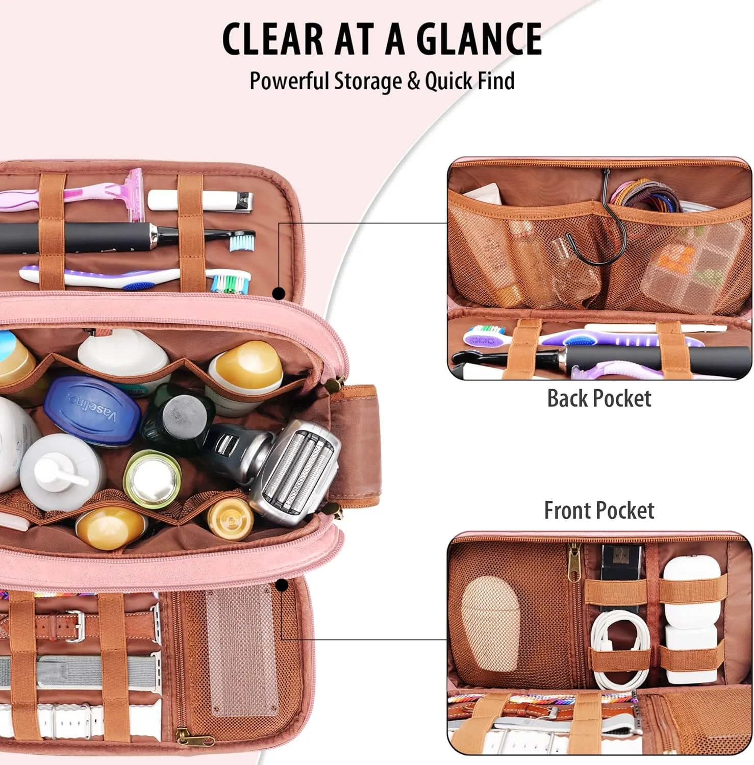 Travel Toiletry Bag for Women, Large Hanging Toiletries Organizer Bags for Men, Cruise Ship Essentials, Water-resistant Shaving Case, PU Leather Makeup Accessories, Cosmetic Dopp Kit, Pink