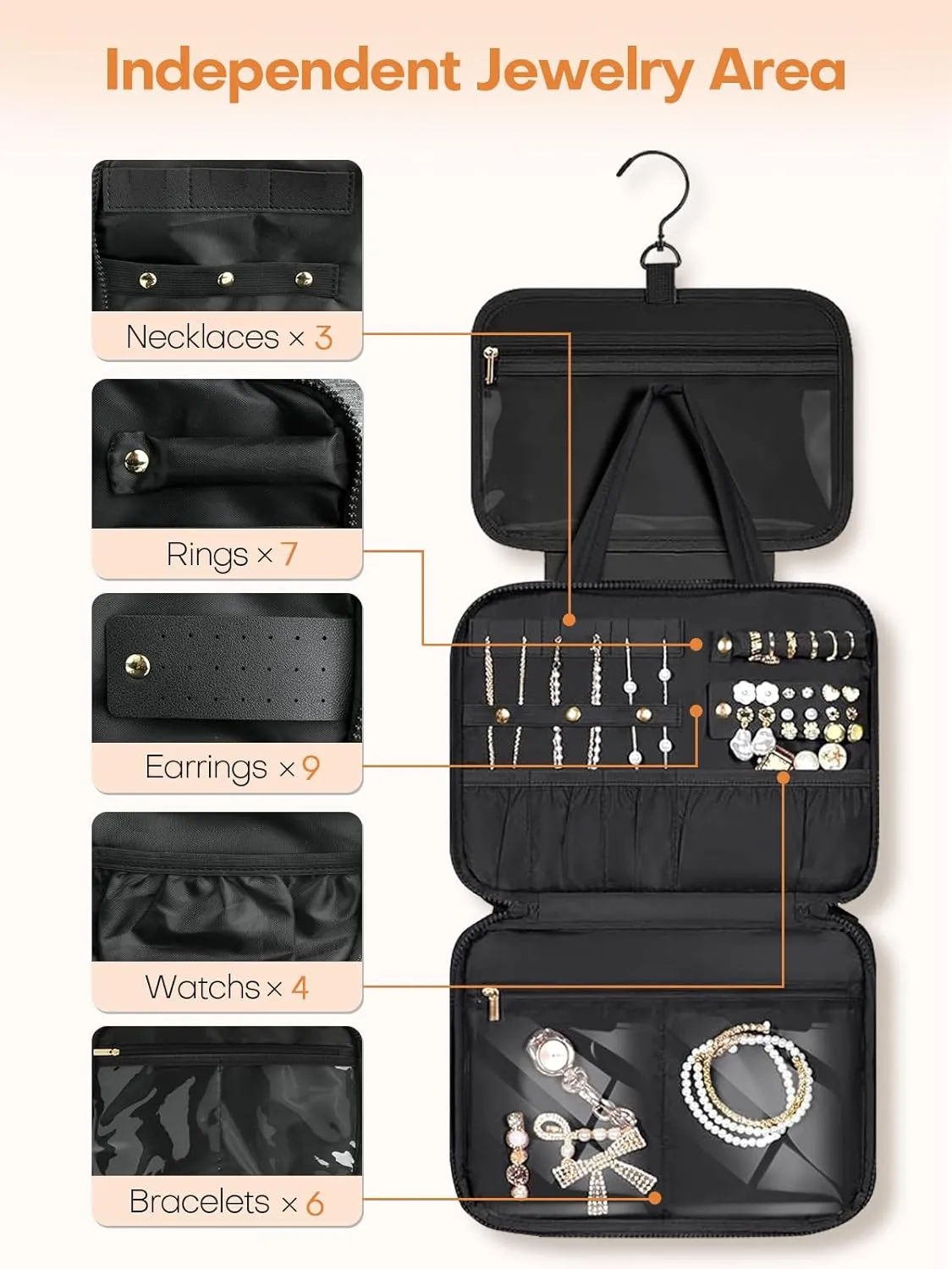 Travel Toiletry Bag with Separate Jewelry Organizer, Water-resistant Makeup Bag with Hanging Hook, Large Capacity Travel Organizer for Toiletries, Cosmetic, Vacation Accessories - Medium